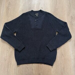 VTG Eddie‎ Bauer Mens M Henley Sweater 100% Cotton Blue Fisherman Chunky Knit
